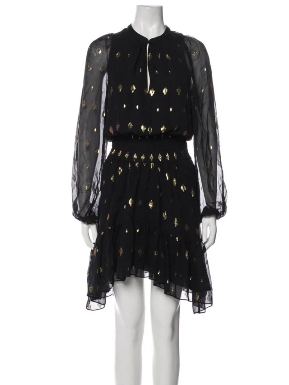 A.L.C. Sydney Silk Shirtdress Black Gold Metallic Print Ruffle Keyhole Dress XS - Picture 3 of 8